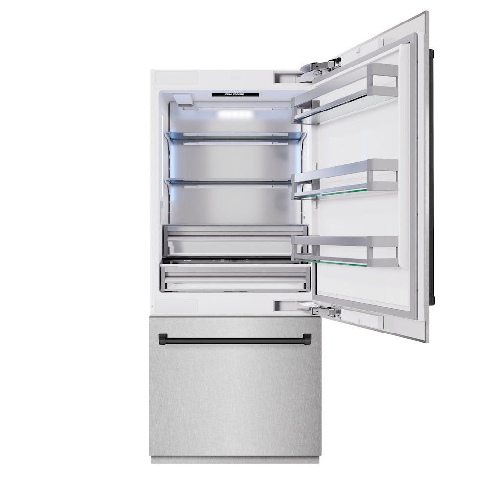 ZLINE Autograph Edition 36-inch refrigerator in satin stainless steel with bright white interior and matte black accents RBITZ-SN-36-MB, front view