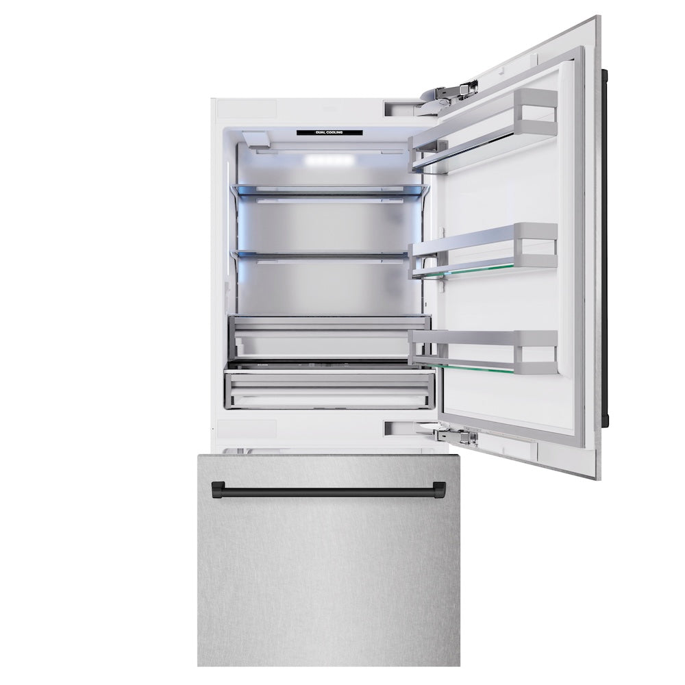 ZLINE Autograph Edition 36-inch refrigerator in satin stainless steel with bright white interior and matte black accents RBITZ-SN-36-MB, front view