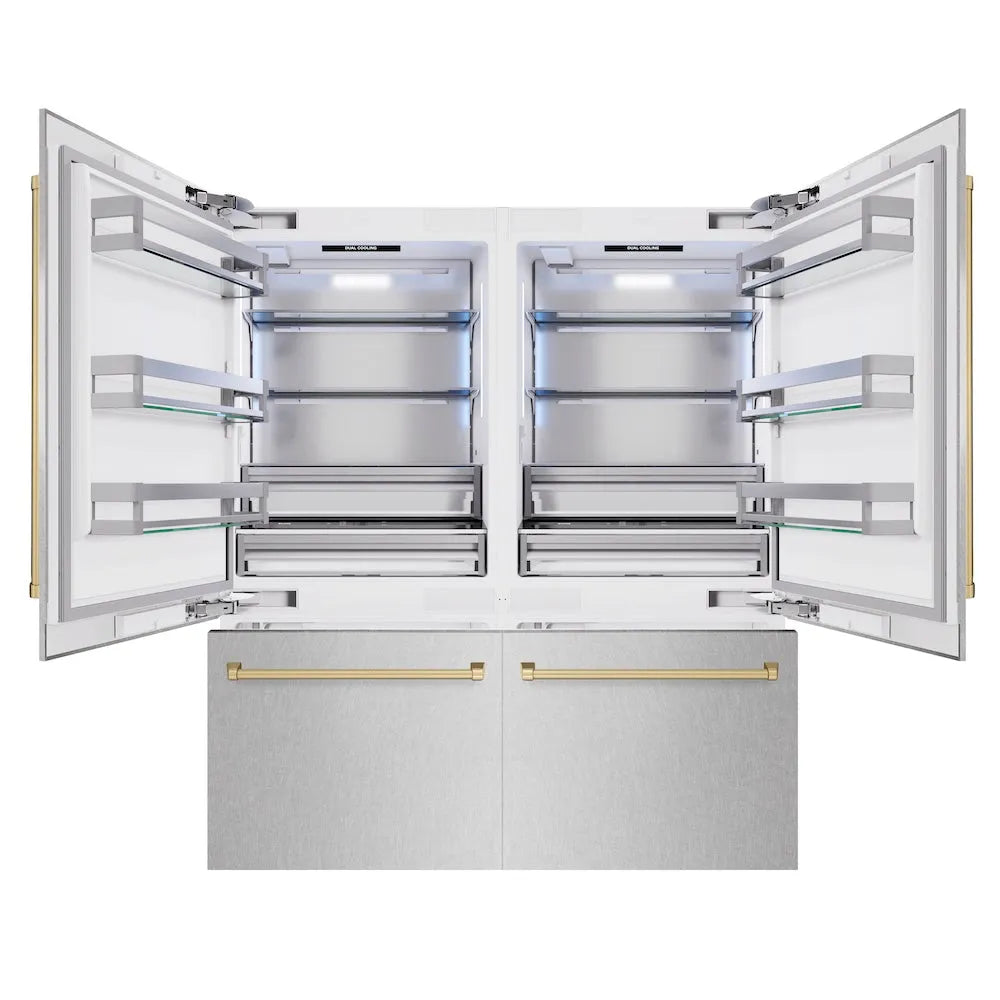 ZLINE Autograph Edition 72-inch refrigerator in satin stainless steel with bright white interior and champagne bronze accents RBITZ-SN-72-CB, front view