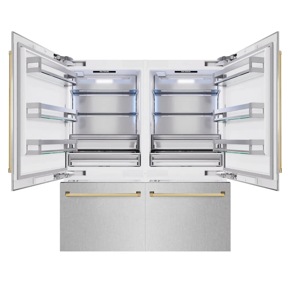 ZLINE Autograph Edition 72-inch refrigerator in satin stainless steel with bright white interior and polished gold accents RBITZ-SN-72-G, front view