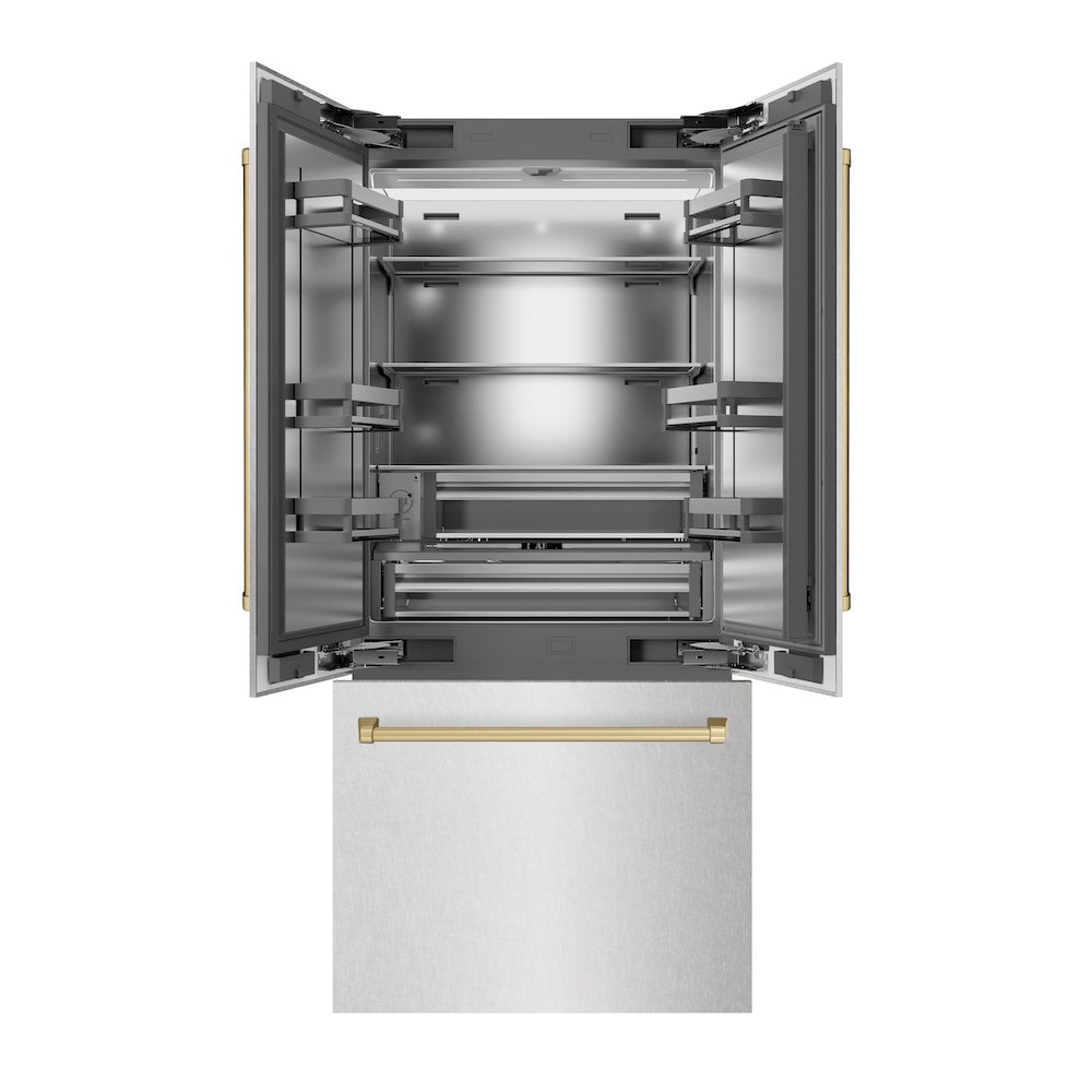 ZLINE Autograph Edition 36-inch refrigerator in satin stainless steel with stainless steel interior and champagne bronze accents SRBIVZ-SN-36-CB, front view
