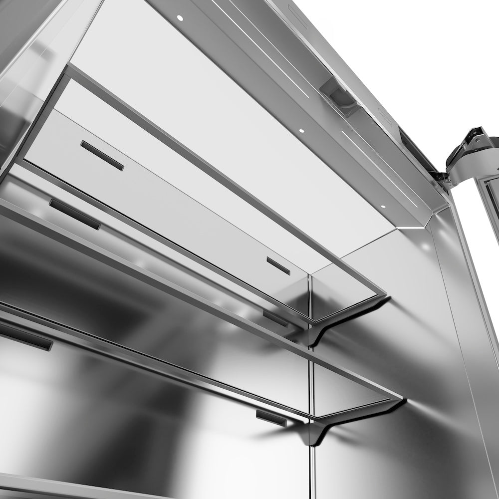 ZLINE Autograph Edition 36-inch refrigerator in satin stainless steel with stainless steel interior and matte black accents SRBIVZ-SN-36-MB, detail