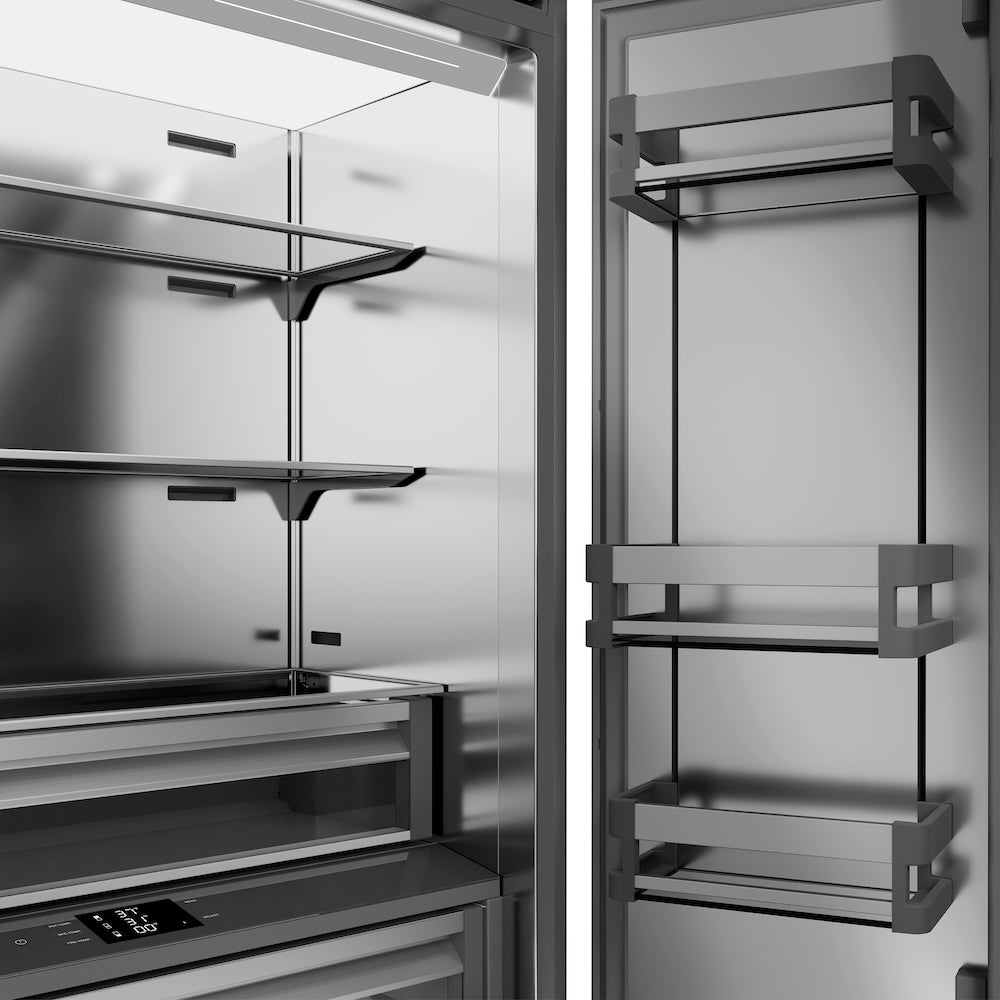 ZLINE Autograph Edition 36-inch refrigerator in satin stainless steel with stainless steel interior and matte black accents SRBIVZ-SN-36-MB, detail
