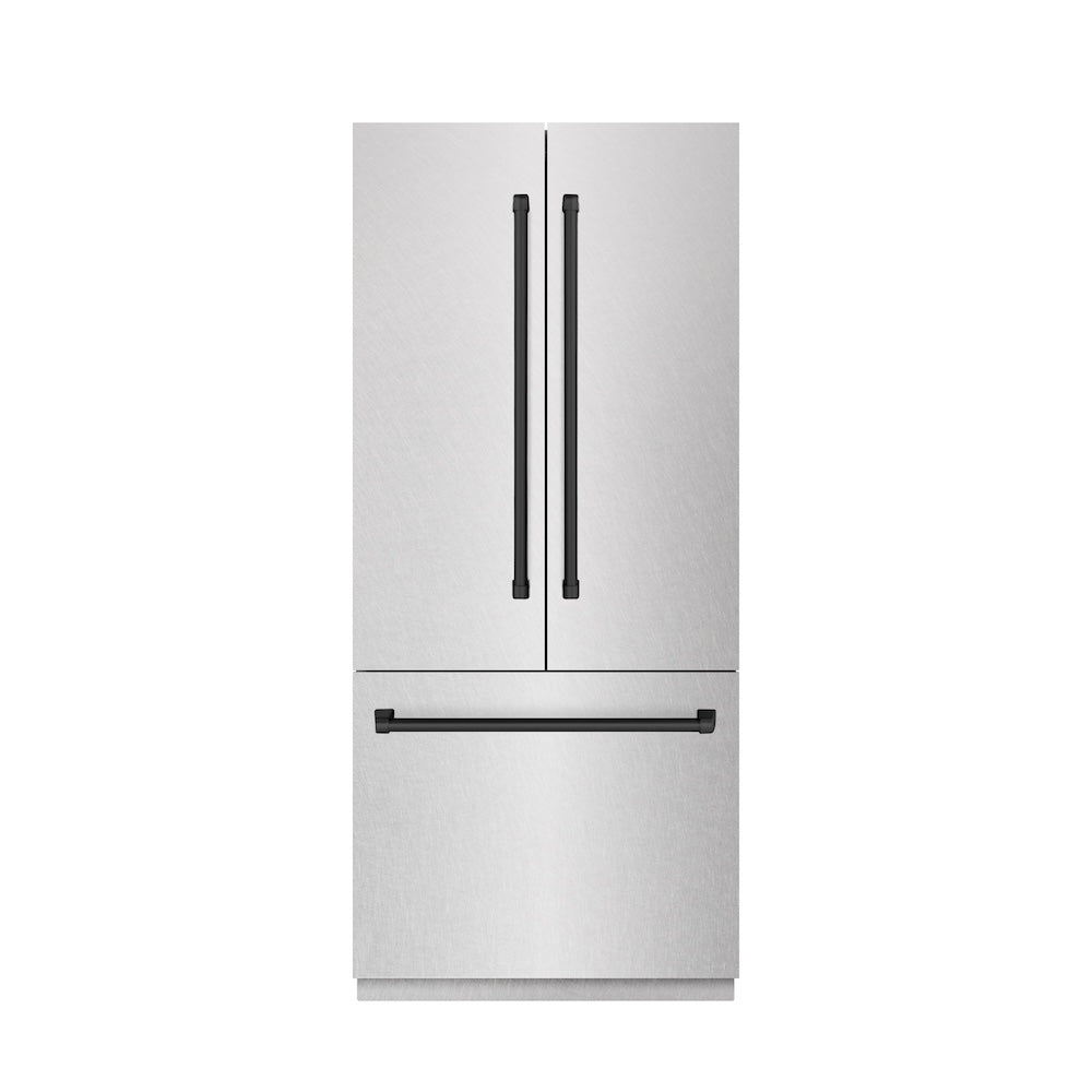 ZLINE Autograph Edition 36-inch refrigerator in satin stainless steel with stainless steel interior and matte black accents SRBIVZ-SN-36-MB, front view