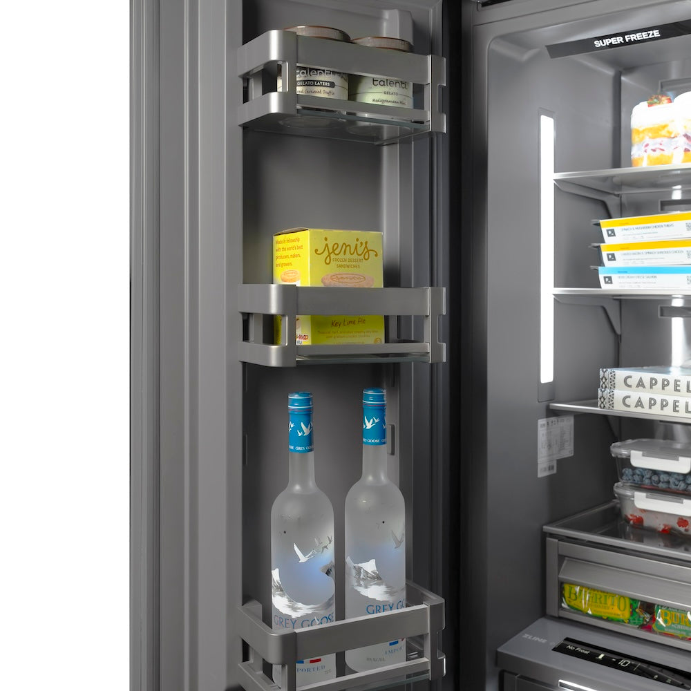 ZLINE Autograph Edition 18-inch freezer in stainless steel with graphite gray interior and polished gold accents RCFVLZ-30418-G, door open