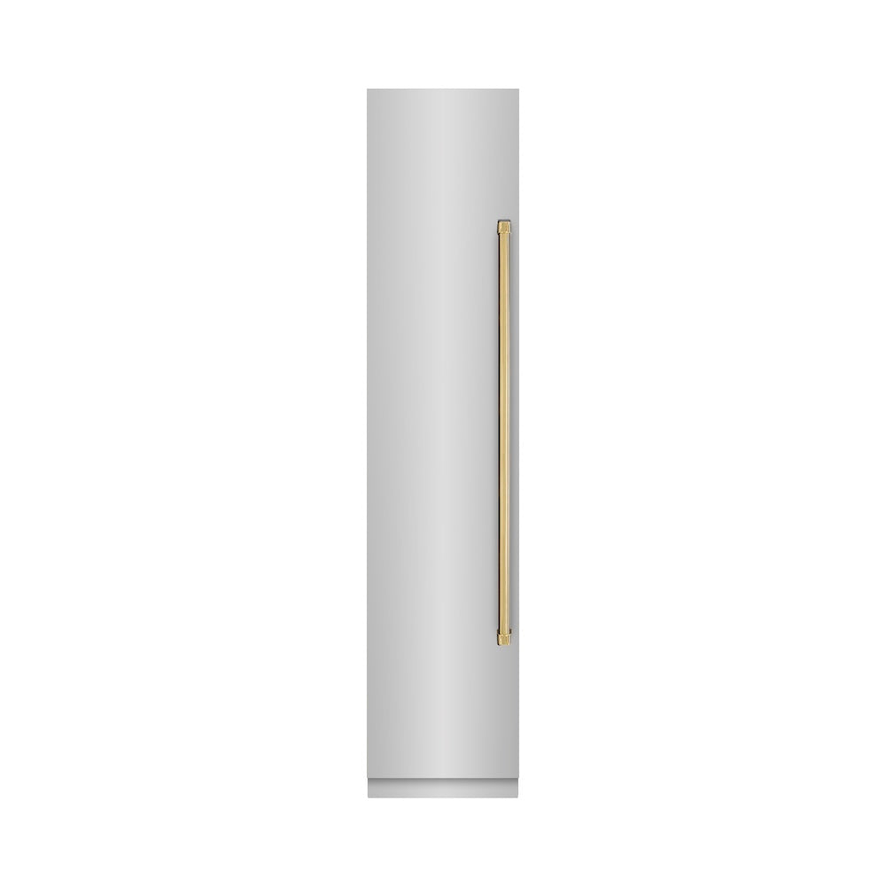 ZLINE Autograph Edition 18-inch freezer in stainless steel with graphite gray interior and polished gold accents RCFVLZ-30418-G, front view