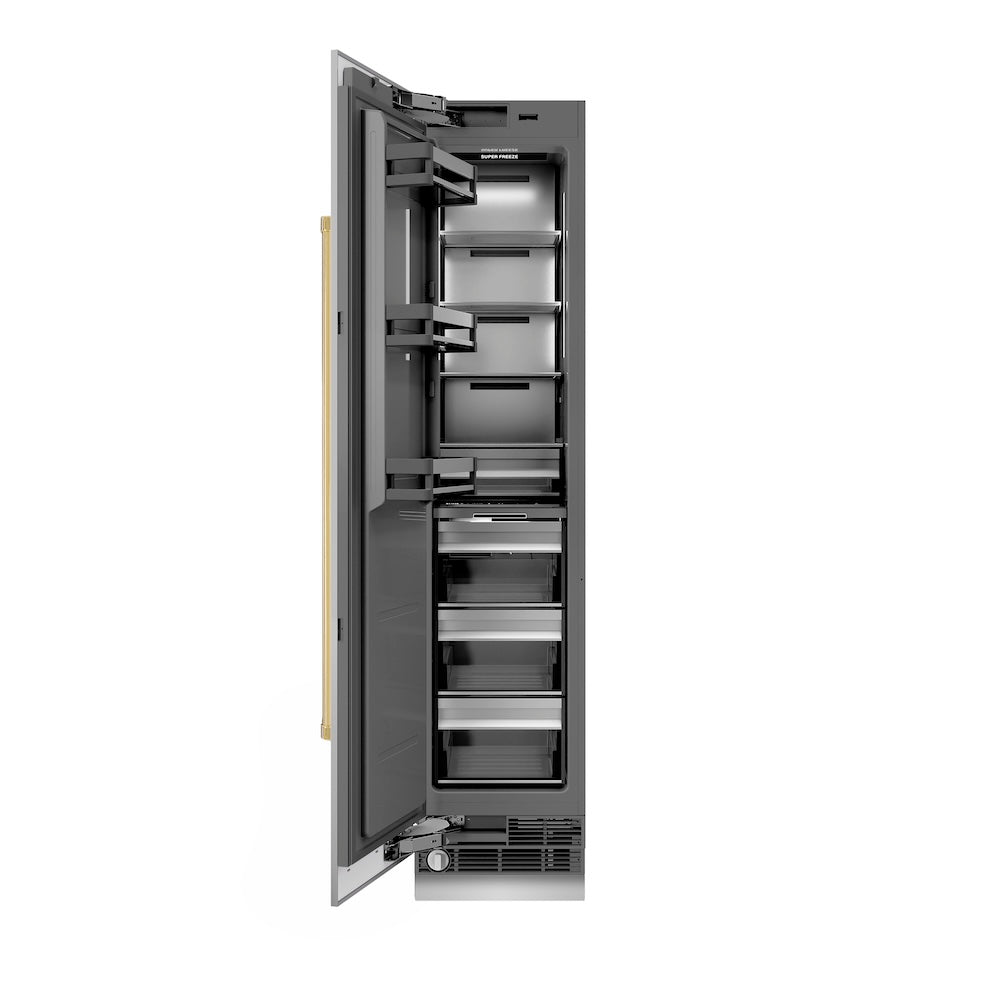 ZLINE Autograph Edition 18-inch freezer in stainless steel with graphite gray interior and polished gold accents RCFVLZ-30418-G
