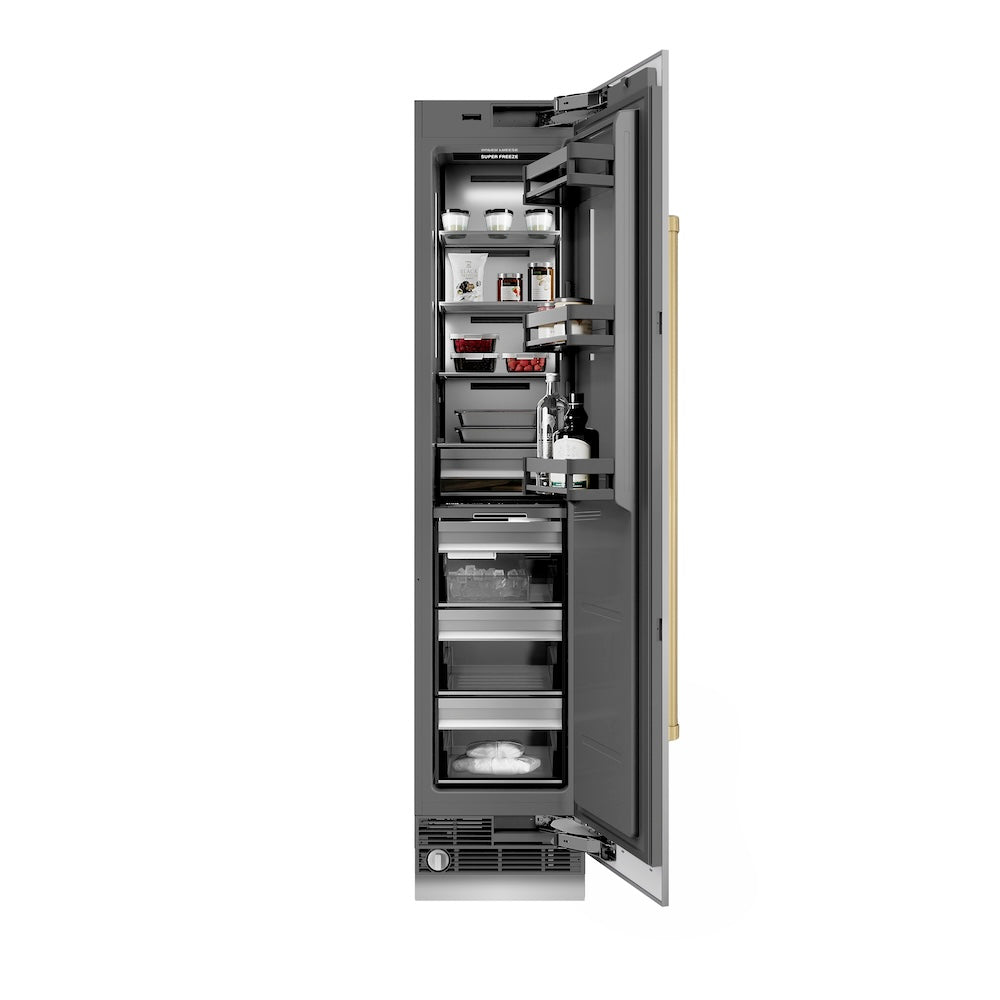 ZLINE Autograph Edition 18-inch freezer in stainless steel with graphite gray interior and champagne bronze accents RCFVRZ-30418-CB, front view