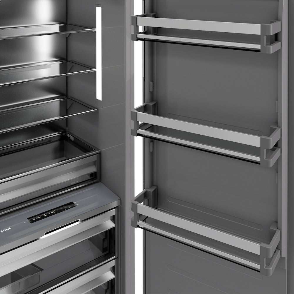 ZLINE Autograph Edition 18-inch freezer in stainless steel with graphite gray interior and polished gold accents RCFVRZ-30418-G, door open