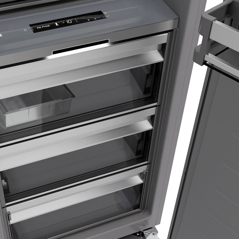 ZLINE Autograph Edition 18-inch freezer in stainless steel with graphite gray interior and polished gold accents RCFVRZ-30418-G, detail