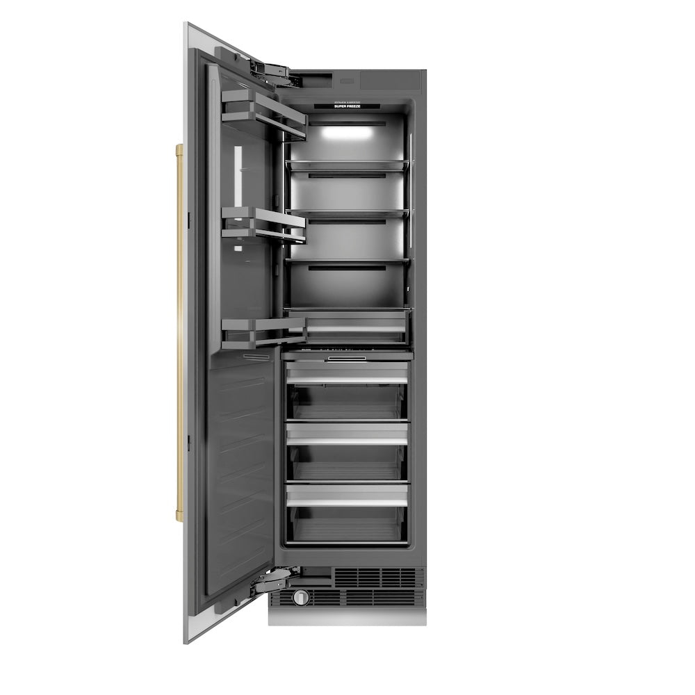 ZLINE Autograph Edition 24-inch freezer in stainless steel with graphite gray interior and champagne bronze accents RCFVZ-304-24-CB