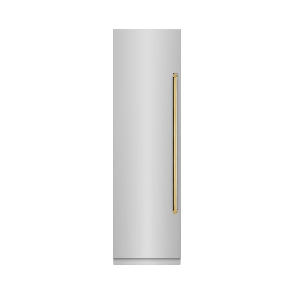 ZLINE Autograph Edition 24-inch freezer in stainless steel with graphite gray interior and polished gold accents RCFVZ-304-24-G, front view