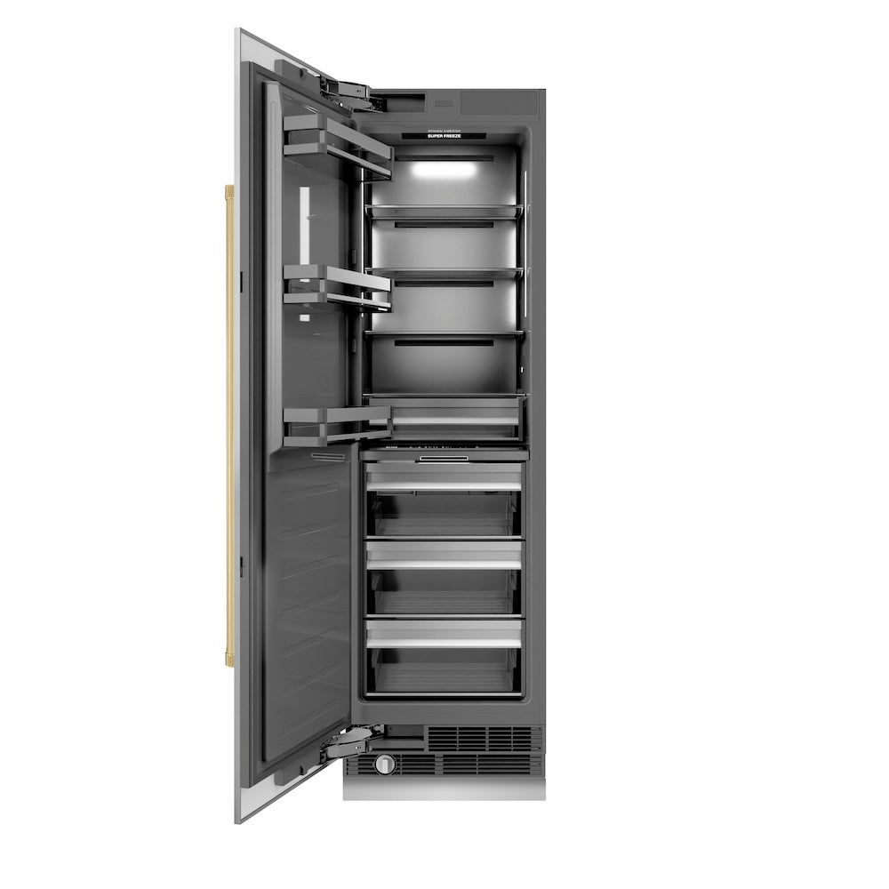 ZLINE Autograph Edition 24-inch freezer in stainless steel with graphite gray interior and polished gold accents RCFVZ-304-24-G