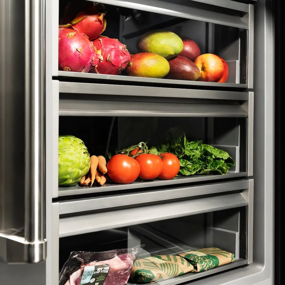 ZLINE Autograph Edition 24-inch refrigerator in stainless steel with graphite gray interior and champagne bronze accents RCRVZ-30424-CB, detail