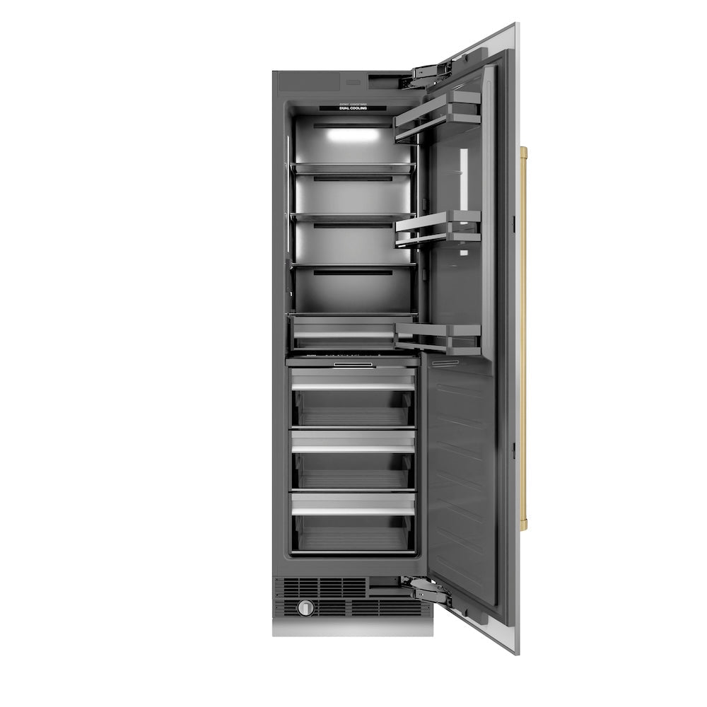 ZLINE Autograph Edition 24-inch refrigerator in stainless steel with graphite gray interior and champagne bronze accents RCRVZ-30424-CB