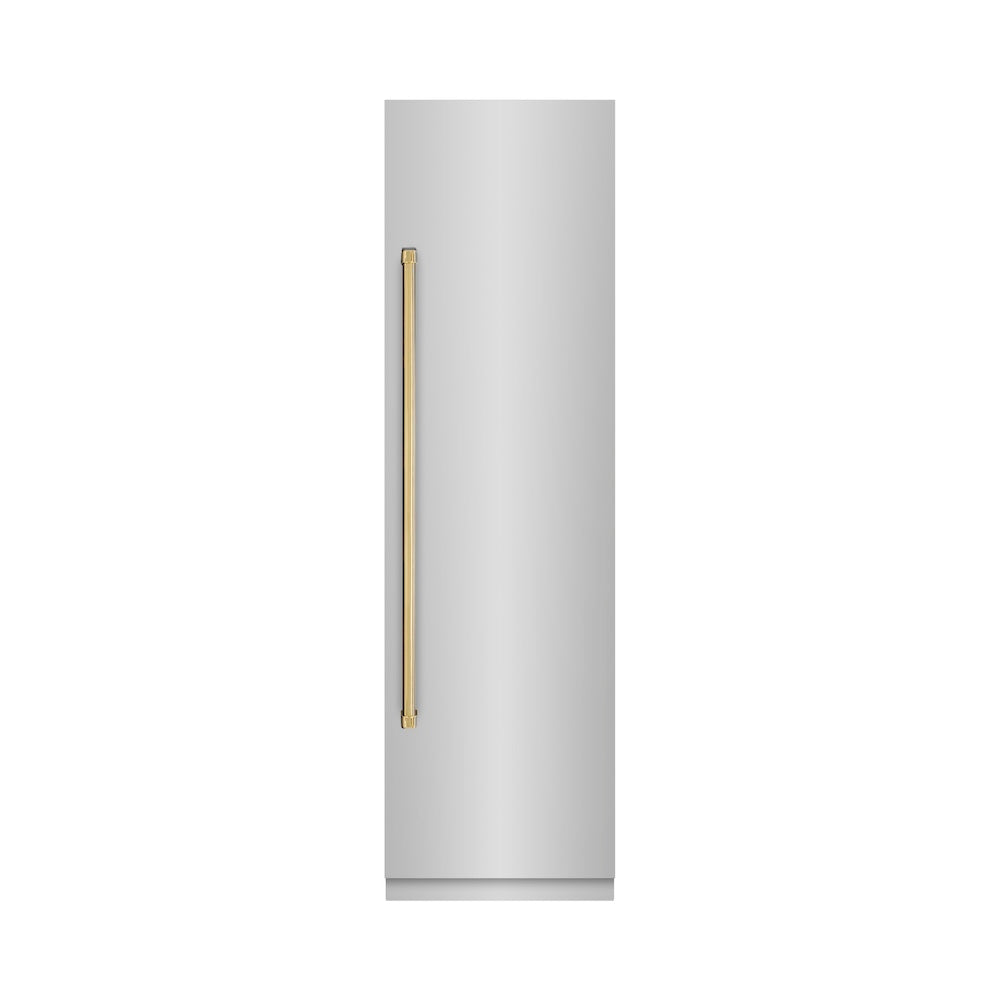 ZLINE Autograph Edition 24-inch refrigerator in stainless steel with graphite gray interior and polished gold accents RCRVZ-30424-G, front view
