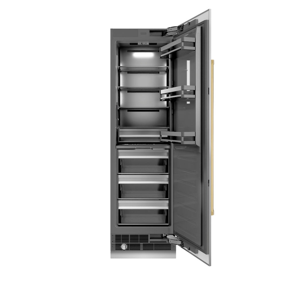 ZLINE Autograph Edition 24-inch refrigerator in stainless steel with graphite gray interior and polished gold accents RCRVZ-30424-G