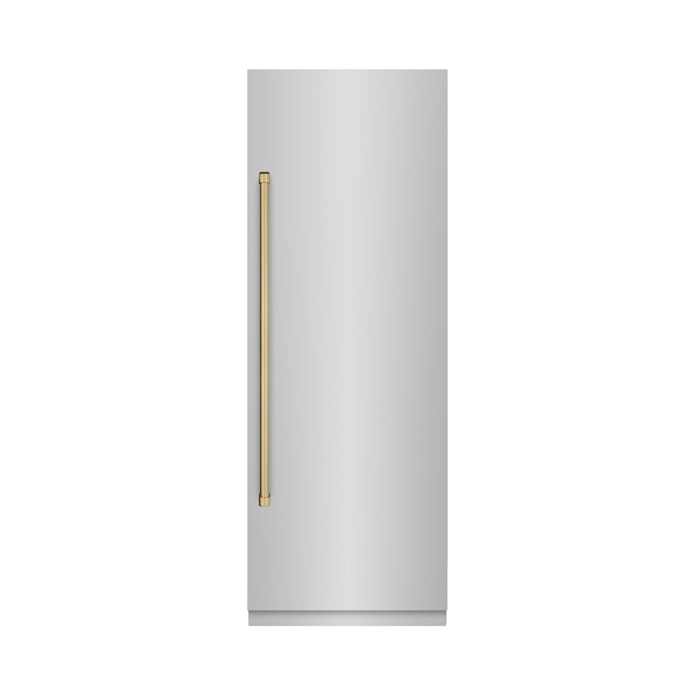 ZLINE Autograph Edition 30-inch refrigerator in stainless steel with graphite gray interior and champagne bronze accents RCRVZ-30430-CB, front view