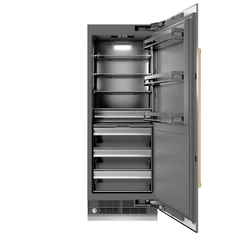 ZLINE Autograph Edition 30-inch refrigerator in stainless steel with graphite gray interior and champagne bronze accents RCRVZ-30430-CB