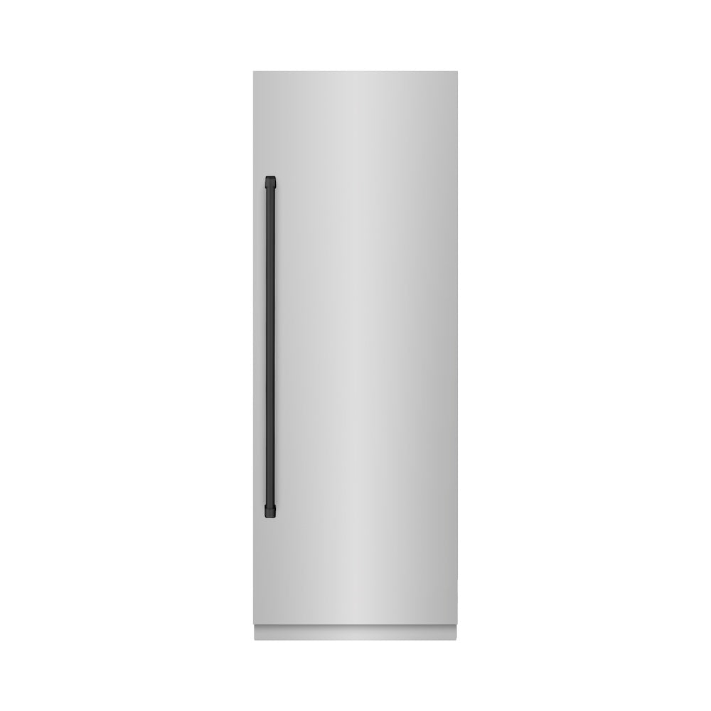 ZLINE Autograph Edition 30-inch refrigerator in stainless steel with graphite gray interior and matte black accents RCRVZ-30430-MB, front view