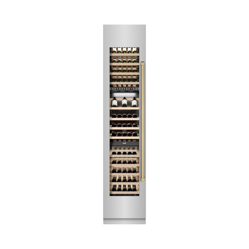 ZLINE Autograph Edition 18-inch wine cooler in stainless steel with graphite gray interior and champagne bronze accents RCWVLZ-30418-CB, front view