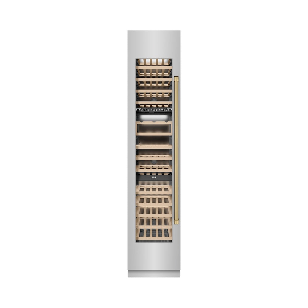 ZLINE Autograph Edition 18-inch wine cooler in stainless steel with graphite gray interior and champagne bronze accents RCWVLZ-30418-CB, front view