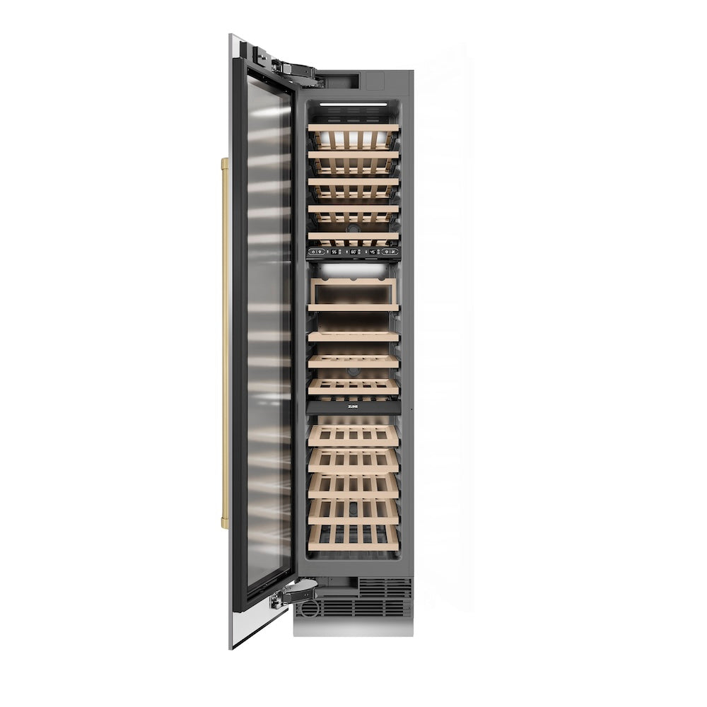 ZLINE Autograph Edition 18-inch wine cooler in stainless steel with graphite gray interior and champagne bronze accents RCWVLZ-30418-CB, front view