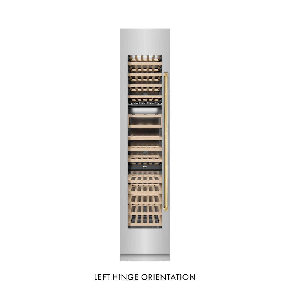 ZLINE Autograph Edition 18-inch wine cooler in stainless steel with graphite gray interior and polished gold accents RCWVLZ-30418-G