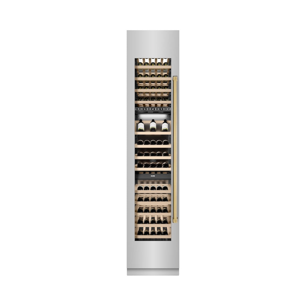 ZLINE Autograph Edition 18-inch wine cooler in stainless steel with graphite gray interior and polished gold accents RCWVLZ-30418-G, front view