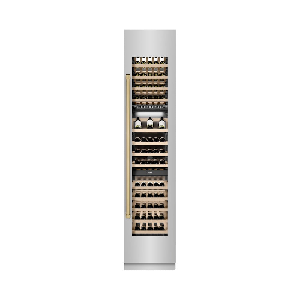 ZLINE Autograph Edition 18-inch wine cooler in stainless steel with graphite gray interior and champagne bronze accents RCWVRZ-30418-CB, front view