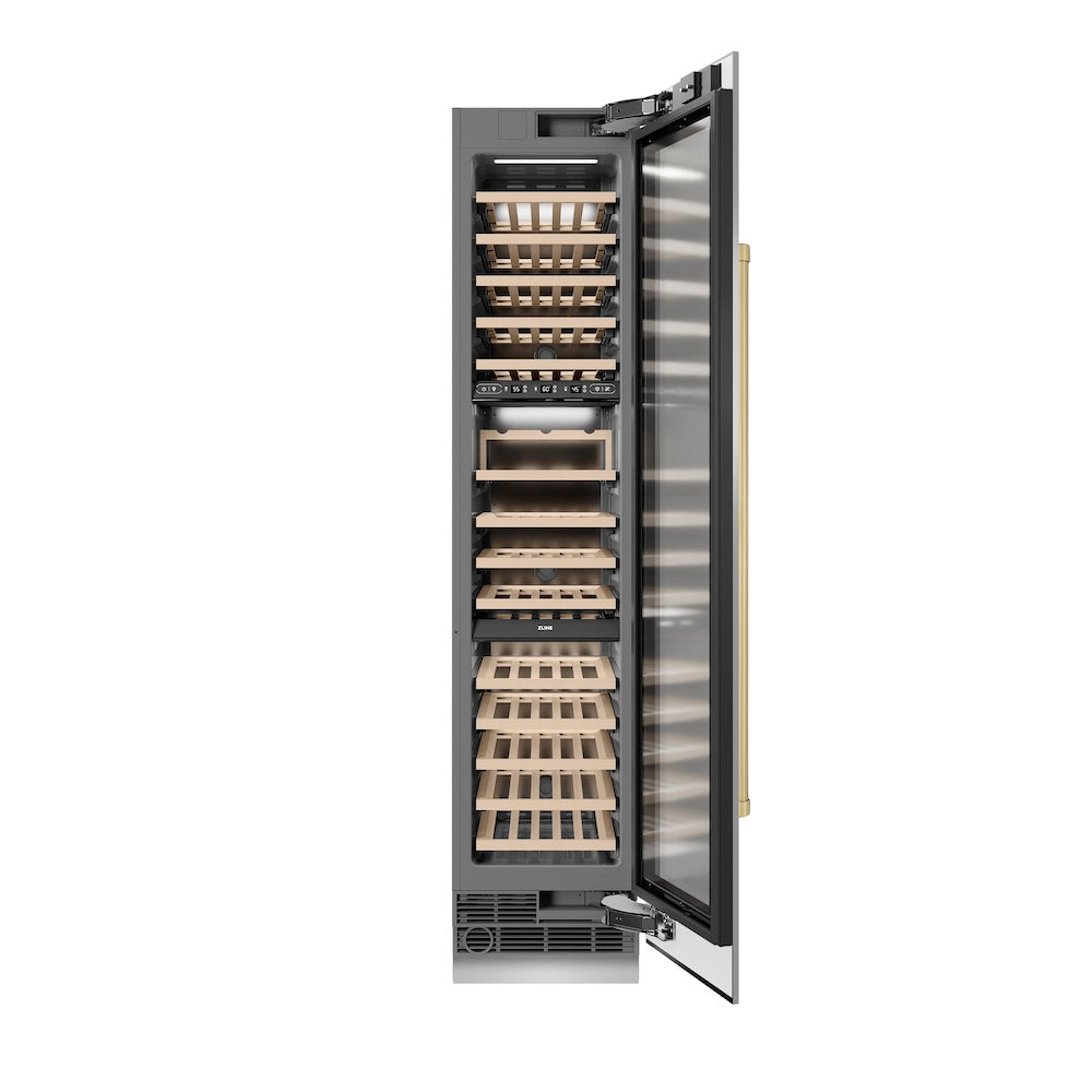 ZLINE Autograph Edition 18-inch wine cooler in stainless steel with graphite gray interior and champagne bronze accents RCWVRZ-30418-CB, front view
