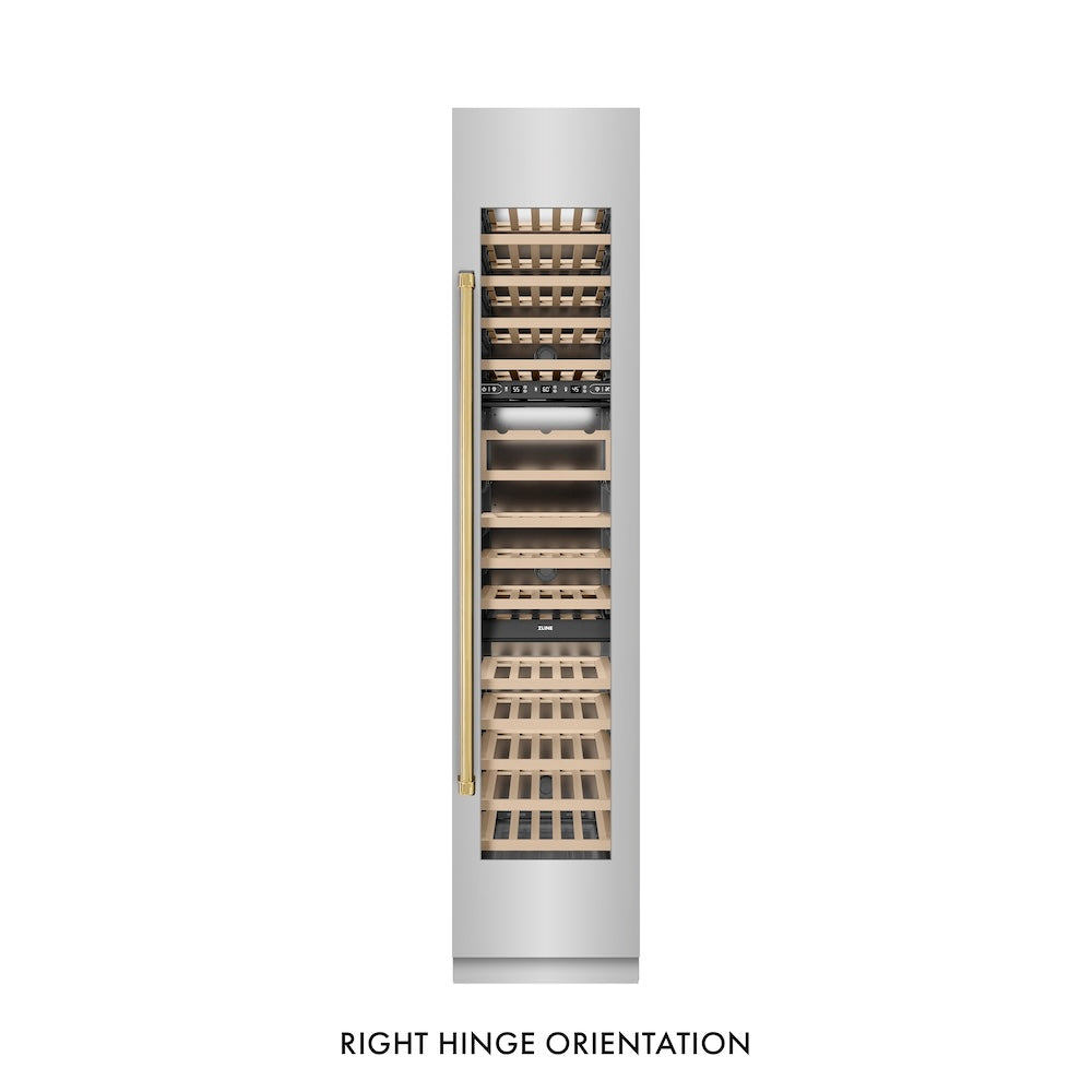 ZLINE Autograph Edition 18-inch wine cooler in stainless steel with graphite gray interior and polished gold accents RCWVRZ-30418-G