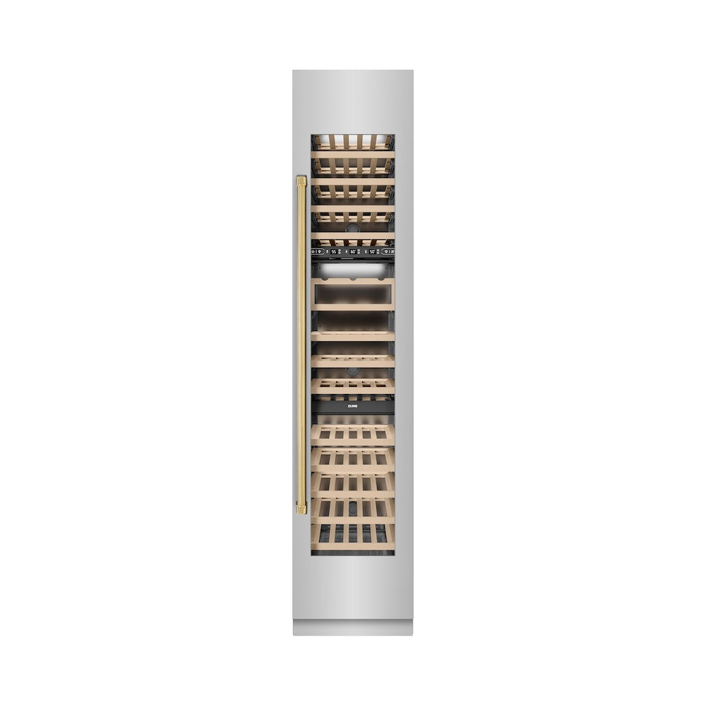 ZLINE Autograph Edition 18-inch wine cooler in stainless steel with graphite gray interior and polished gold accents RCWVRZ-30418-G, front view