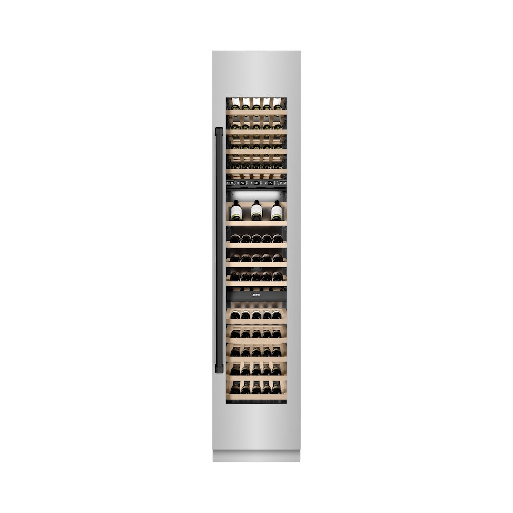 ZLINE Autograph Edition 18-inch wine cooler in stainless steel with graphite gray interior and matte black accents RCWVRZ-30418-MB, front view