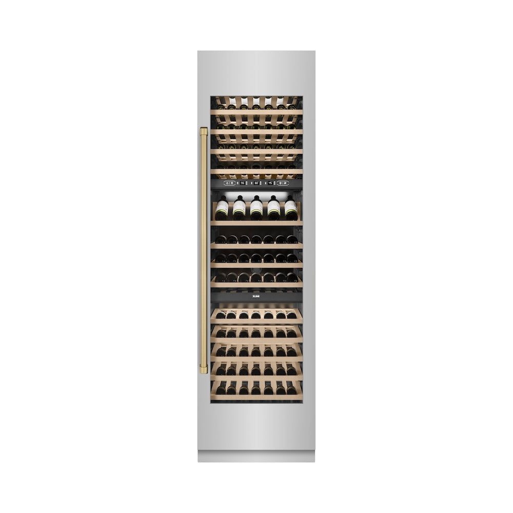 ZLINE Autograph Edition 24-inch wine cooler in stainless steel with graphite gray interior and champagne bronze accents RCWVZ-304-24-CB, front view