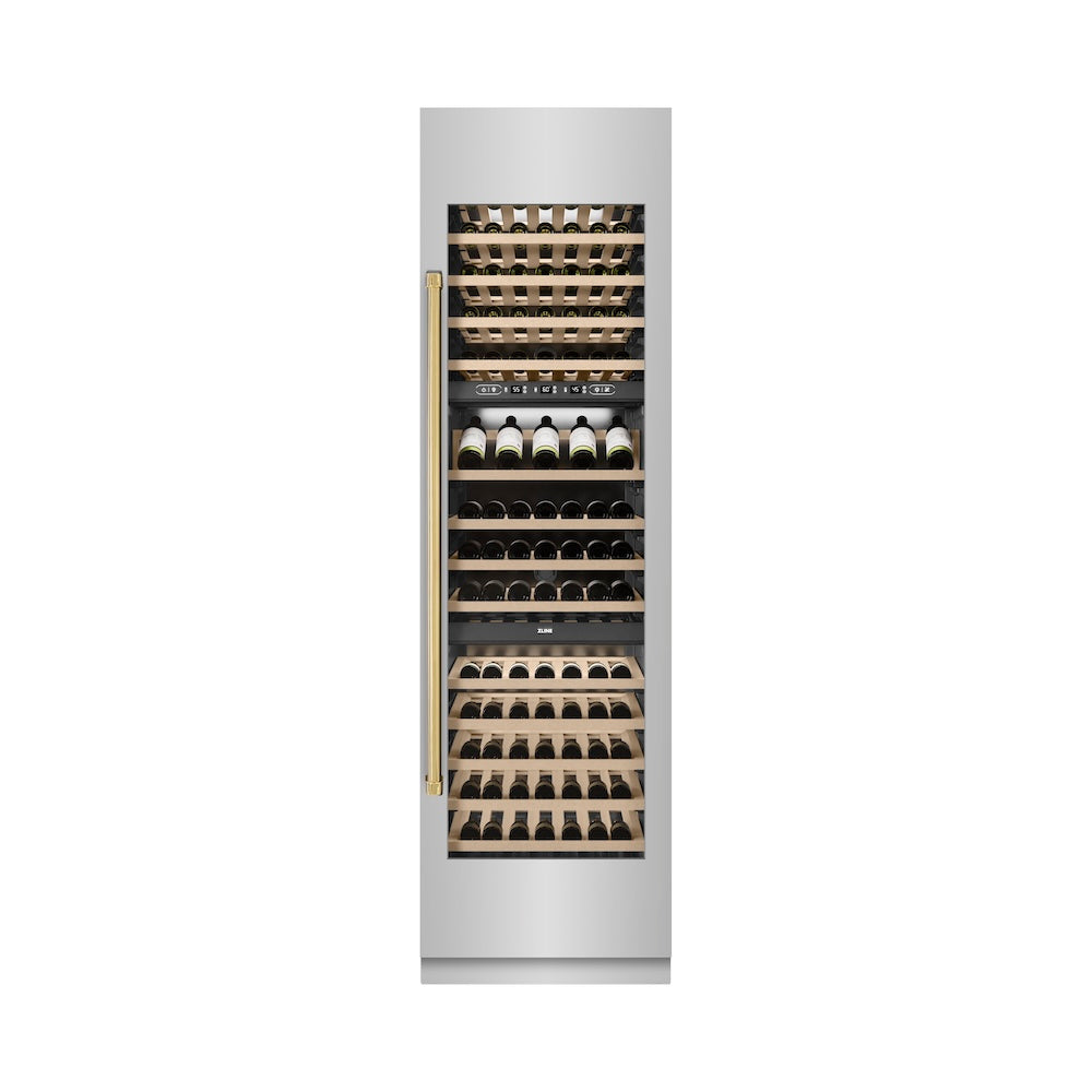 ZLINE Autograph Edition 24-inch wine cooler in stainless steel with graphite gray interior and polished gold accents RCWVZ-304-24-G, front view
