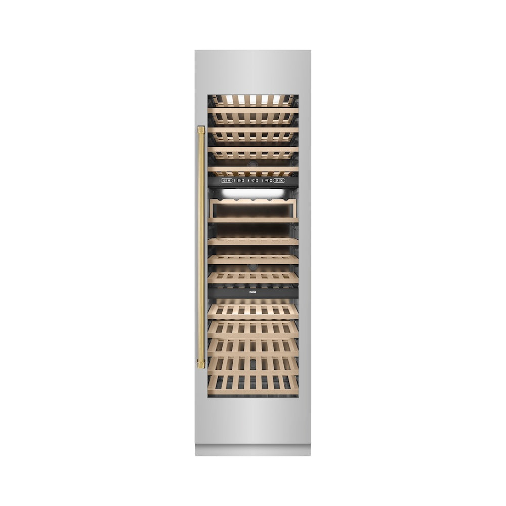 ZLINE Autograph Edition 24-inch wine cooler in stainless steel with graphite gray interior and polished gold accents RCWVZ-304-24-G