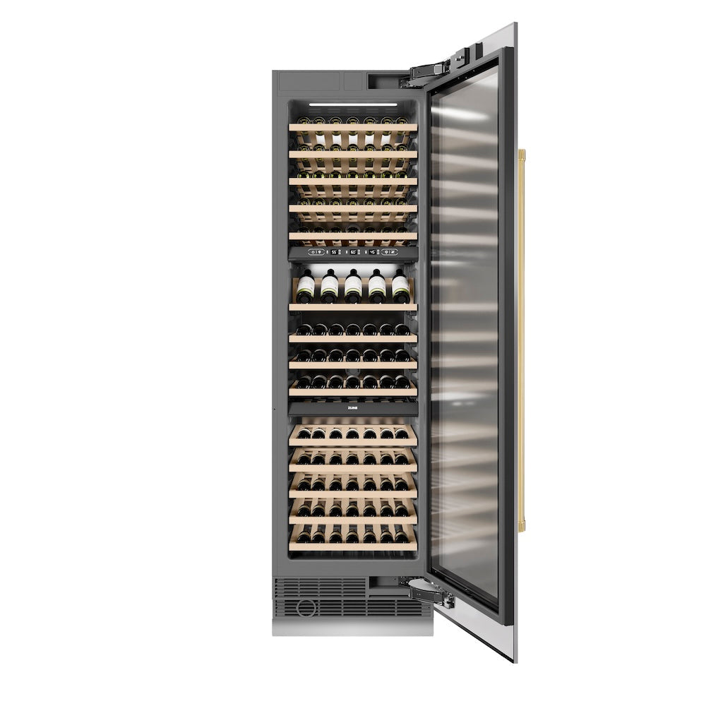 ZLINE Autograph Edition 24-inch wine cooler in stainless steel with graphite gray interior and polished gold accents RCWVZ-304-24-G, front view