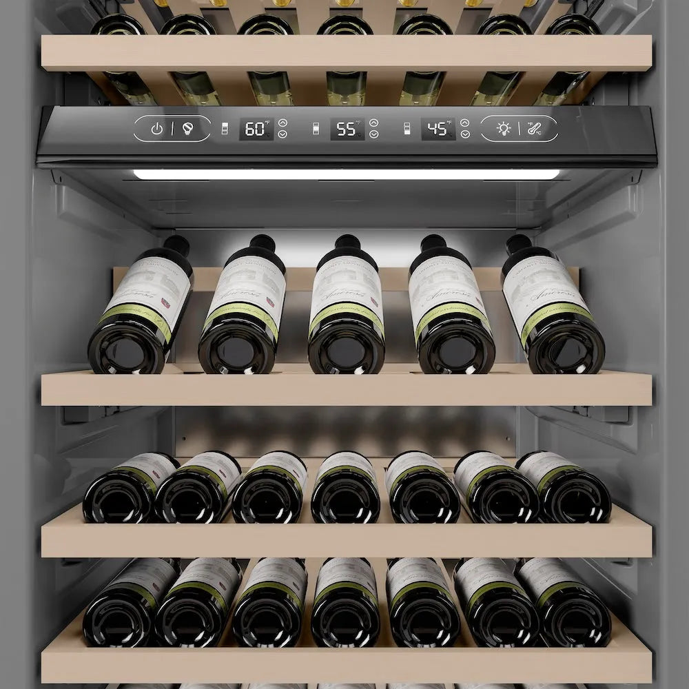 ZLINE Autograph Edition 24-inch wine cooler in stainless steel with graphite gray interior and matte black accents RCWVZ-304-24-MB, detail