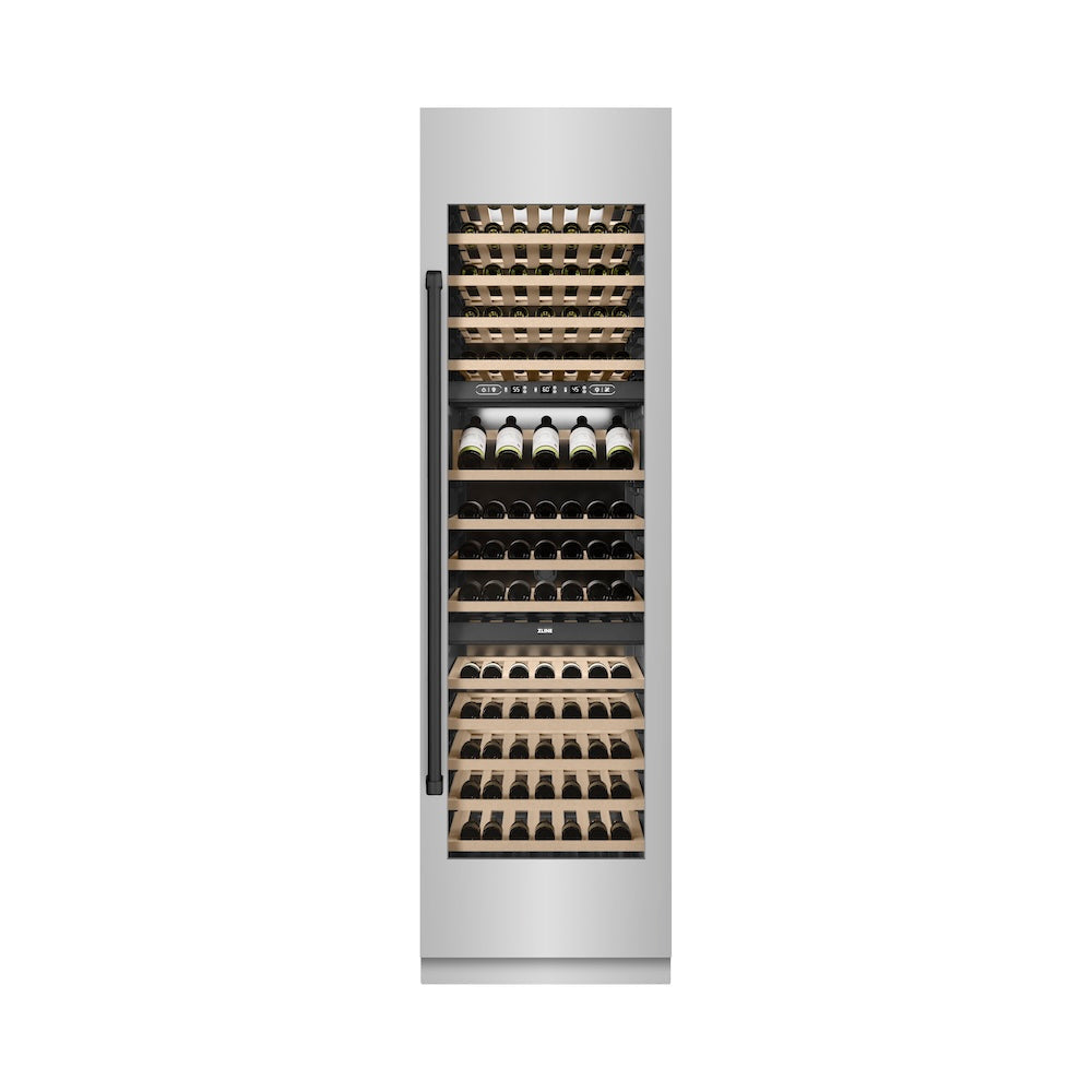 ZLINE Autograph Edition 24-inch wine cooler in stainless steel with graphite gray interior and matte black accents RCWVZ-304-24-MB, front view