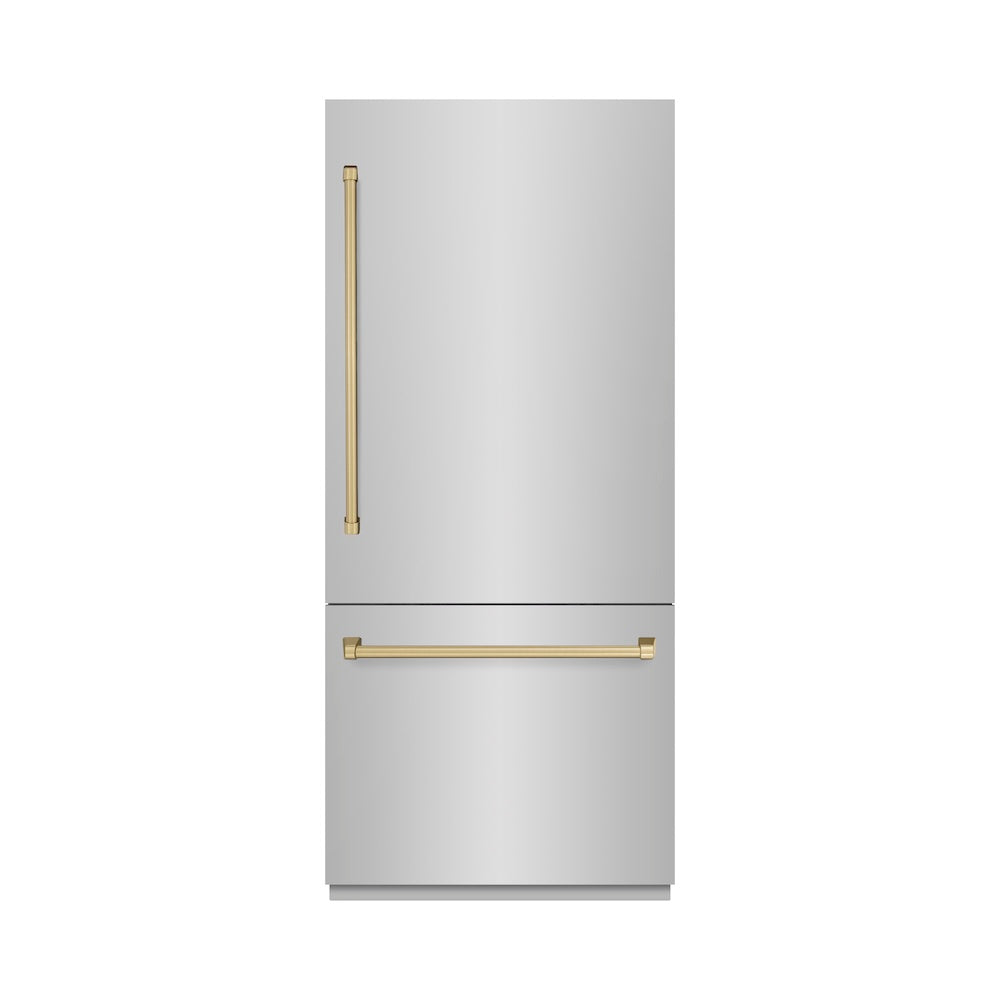 ZLINE Autograph Edition 36-inch refrigerator in stainless steel with graphite gray interior and champagne bronze accents GRBITZ-304-36CB, front view