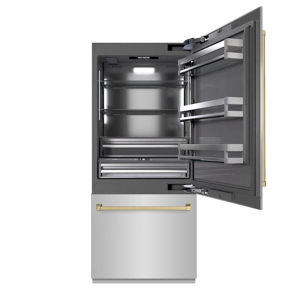 ZLINE Autograph Edition 36-inch refrigerator in stainless steel with graphite gray interior and champagne bronze accents GRBITZ-304-36CB