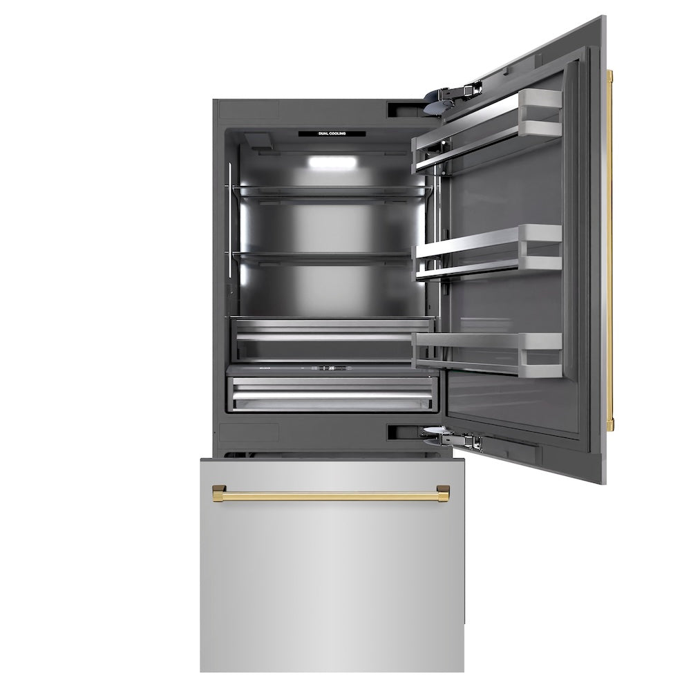ZLINE Autograph Edition 36-inch refrigerator in stainless steel with graphite gray interior and polished gold accents GRBITZ-304-36G, front view