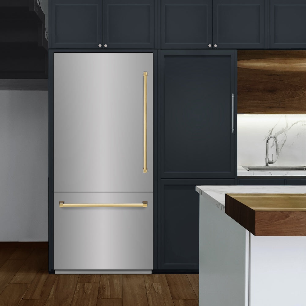 ZLINE Autograph Edition 36-inch refrigerator in stainless steel with graphite gray interior and polished gold accents GRBITZ-304-36G, view 2