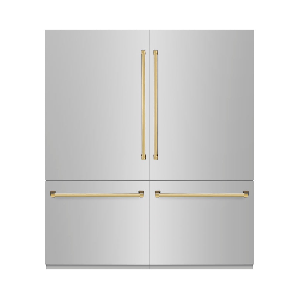 ZLINE Autograph Edition 72-inch refrigerator in stainless steel with graphite gray interior and polished gold accents GRBITZ-304-72G, front view