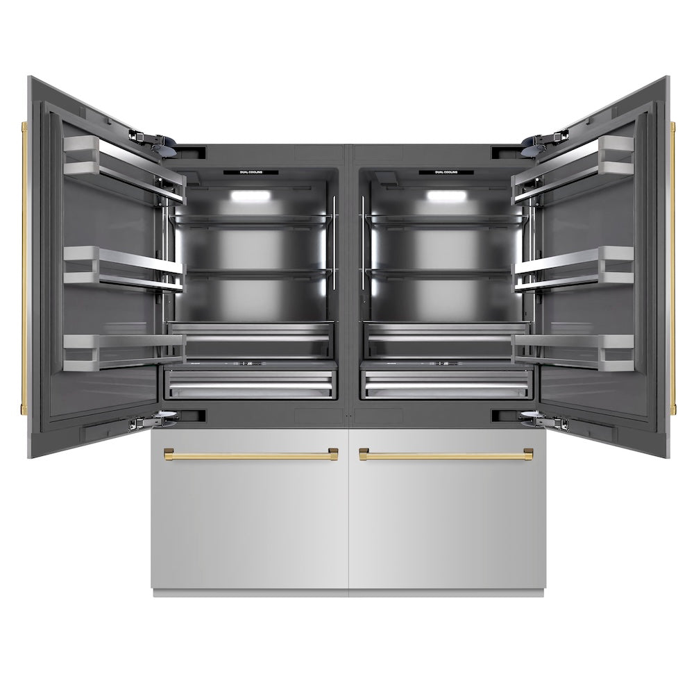 ZLINE Autograph Edition 72-inch refrigerator in stainless steel with graphite gray interior and polished gold accents GRBITZ-304-72G, front view