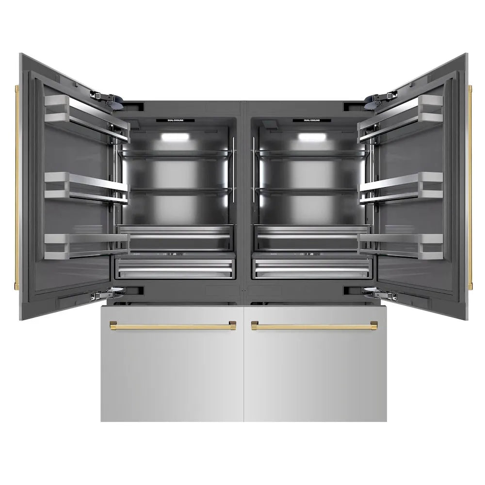 ZLINE Autograph Edition 72-inch refrigerator in stainless steel with graphite gray interior and polished gold accents GRBITZ-304-72G