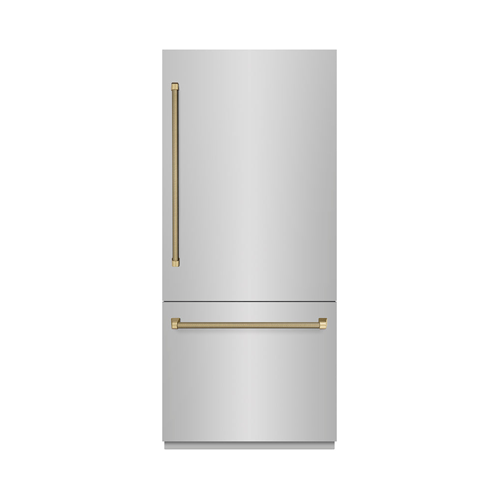ZLINE Autograph Edition 36-inch refrigerator in stainless steel with graphite gray interior and champagne bronze accents GRBITZ-30436KCB, front view