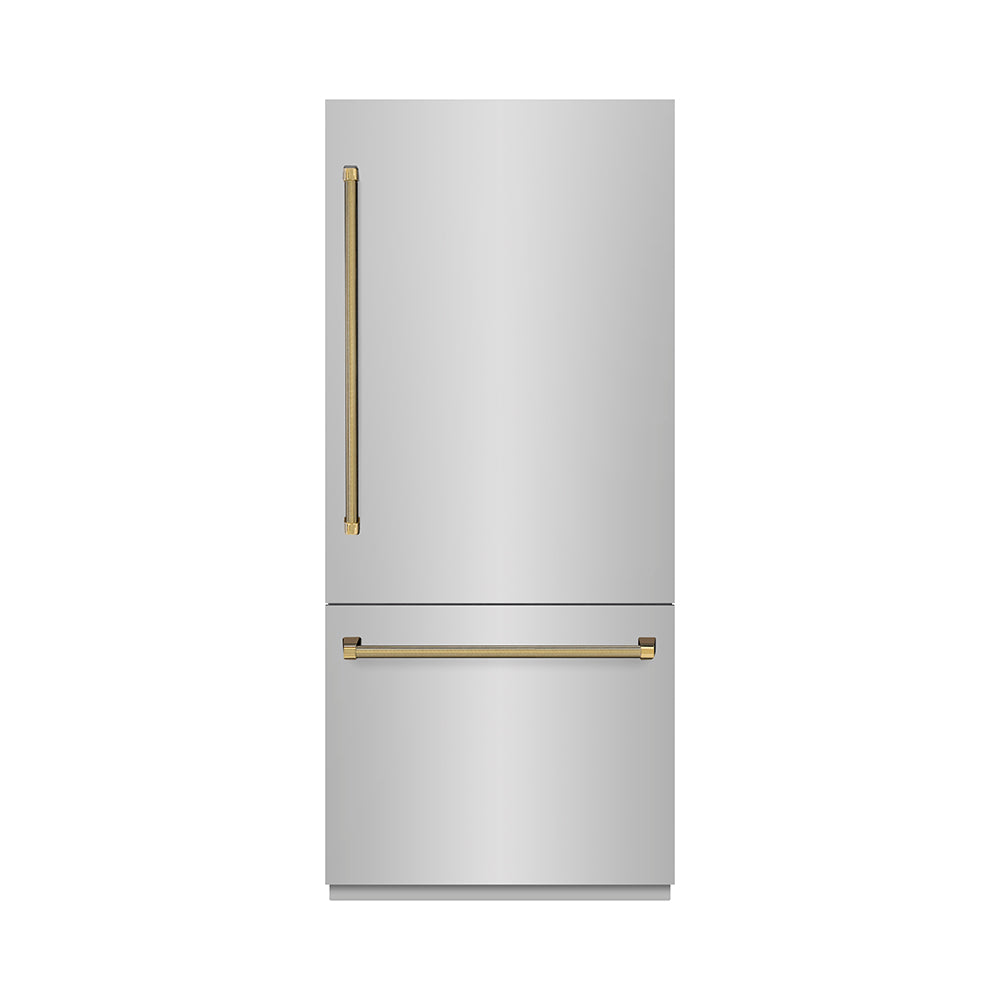 ZLINE Autograph Edition 36-inch refrigerator in stainless steel with graphite gray interior and polished gold accents GRBITZ-30436KG, front view
