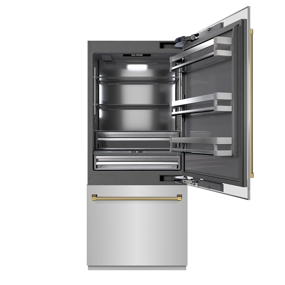 ZLINE Autograph Edition 36-inch refrigerator in stainless steel with graphite gray interior and polished gold accents GRBITZ-30436KG, front view